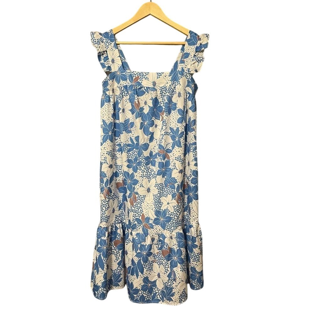 Anna-Kaci California Blue White Floral Ruffle Strap Tiered Sun Dress Small